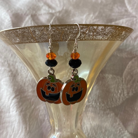 Handcrafted Orange Jack-o-Lantern Charm Earrings - Picture 3 of 4